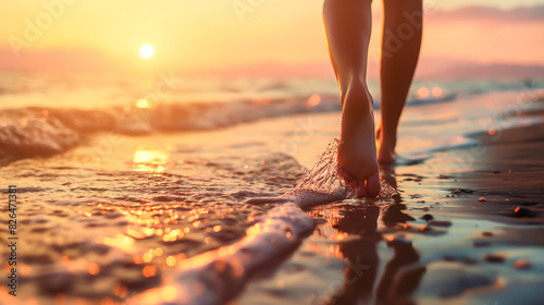 Close up of woman feet walking on the beach with the sunset, Woman walking having relaxing and enjoying on the sand of the beach with the sunset at the background