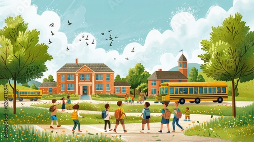 Back to School: Illustrate a bustling scene of children returning to school, with backpacks, school buses, and teachers welcoming students, emphasizing education and new beginnings.