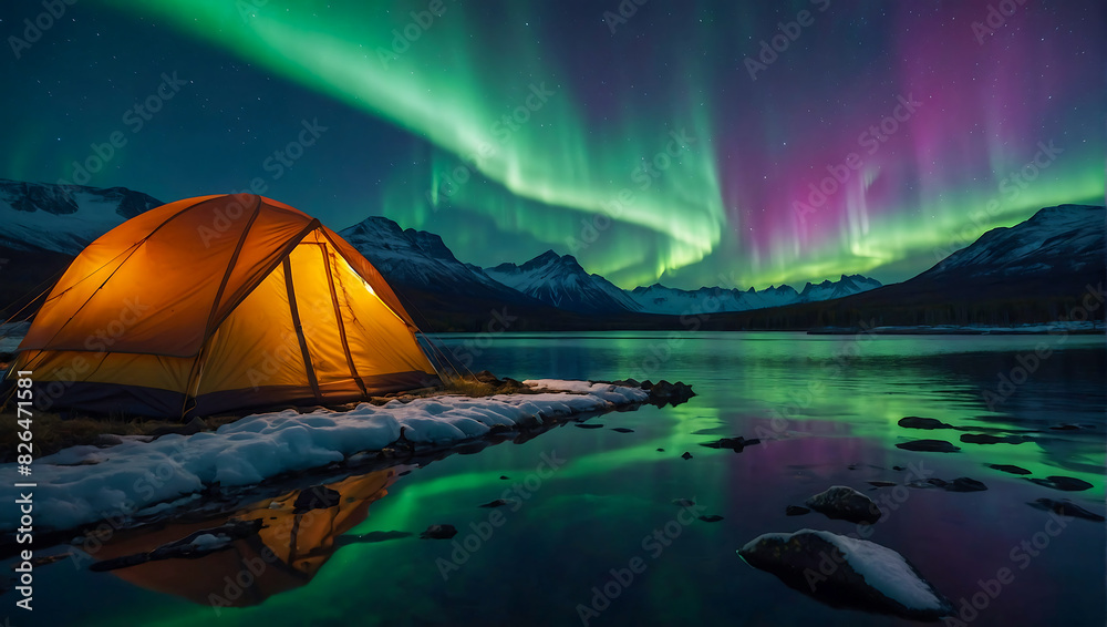 A glowing tent by a calm tranquil lake with the beautiful northern lights dancing in the sky