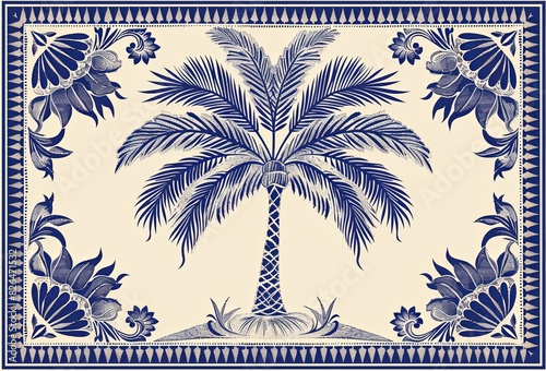 Symmetrical folk art palm tree border in indigo and beige. Decorative pattern design for versatile usage. photo