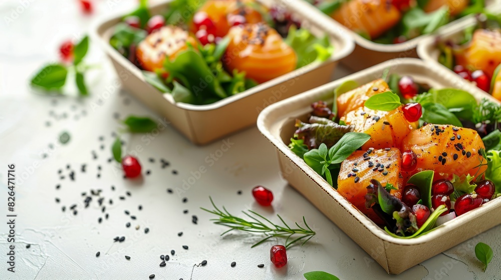 Healthy salmon salads with fresh greens, berries, and seeds in eco-friendly containers placed on a white surface, perfect for nutritious meals.