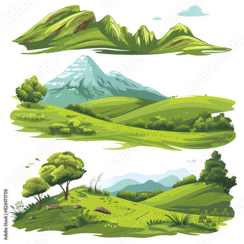Illustrations of scenic landscapes featuring mountains, hills, and greenery, ideal for nature and outdoor themes. photo