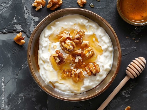 Bowl of Greek Yogurt with Honey and Walnuts, Served on a Dark Slate Surface, Ideal for a Healthy Breakfast or Natural Dessert Presentation photo