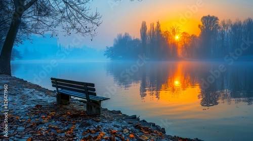 Fototapeta Naklejka Na Ścianę i Meble -  Serene lake at dawn with a bench in the foreground, mist over the water, autumn leaves, and a beautiful sunrise reflecting on the surface.