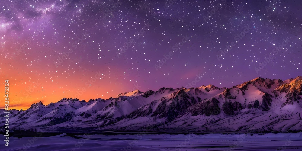 Fototapeta premium Stars twinkle in lavender sky over snowy mountains enchanting the landscape. Concept Nature, Beauty, Sky, Stars, Mountains