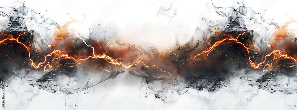 White background, a horizontal strip of smoke and lightning effects with a dark orange and black color scheme White background, a horizontal strip of smoke and lightning effects with a dark orange and black color scheme