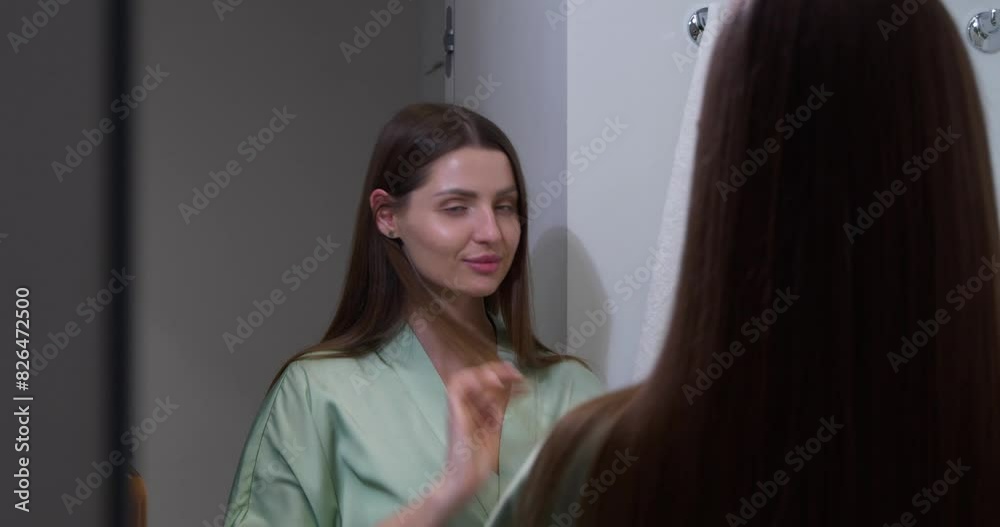 Beautiful woman looking in mirror at herself indoors Beautiful woman looking in mirror at herself indoors