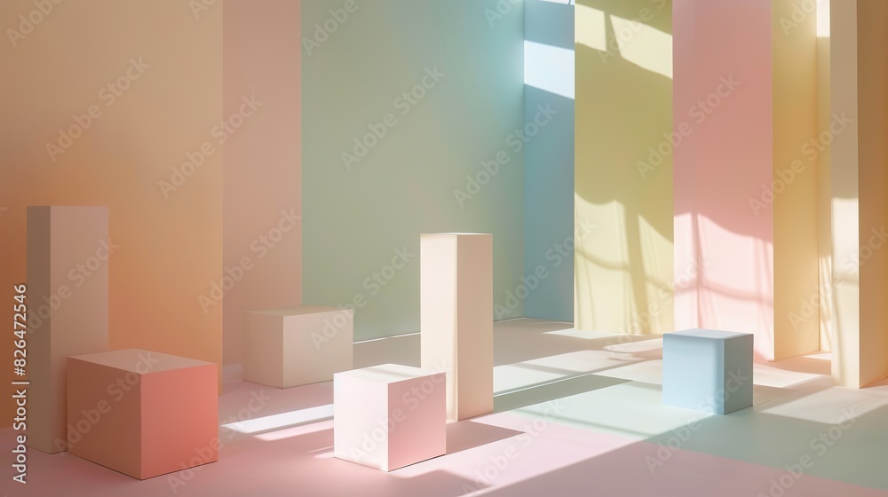 studio setting with pedestals in pastel colours. Space full of sunlight studio setting with pedestals in pastel colours. Space full of sunlight