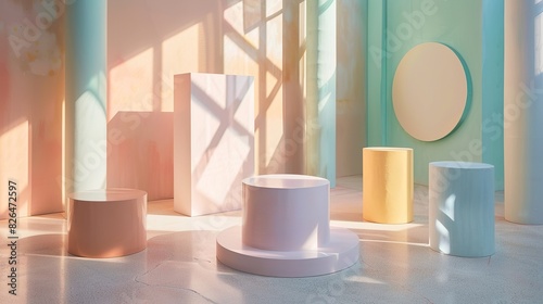 studio setting with pedestals in pastel colours. Space full of sunlight