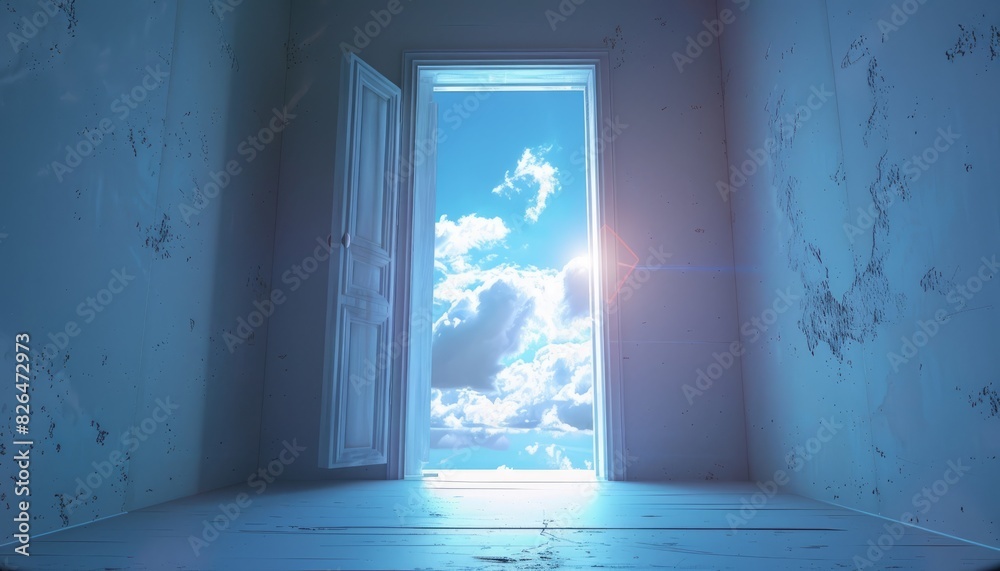 An imaginative depiction of an open door leading directly to a sky, symbolizing opportunity, freedom, or a gateway to new possibilities An imaginative depiction of an open door leading directly to a sky, symbolizing opportunity, freedom, or a gateway to new possibilities
