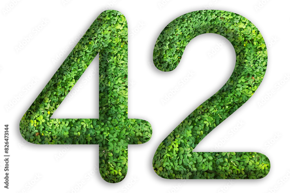 3d of the number of 42 is made from green grass on white background, go green concept 3d of the number of 42 is made from green grass on white background, go green concept