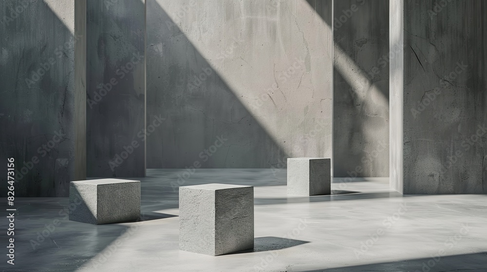 studio setting with pedestals in grey colours. Space full of sunlight studio setting with pedestals in grey colours. Space full of sunlight