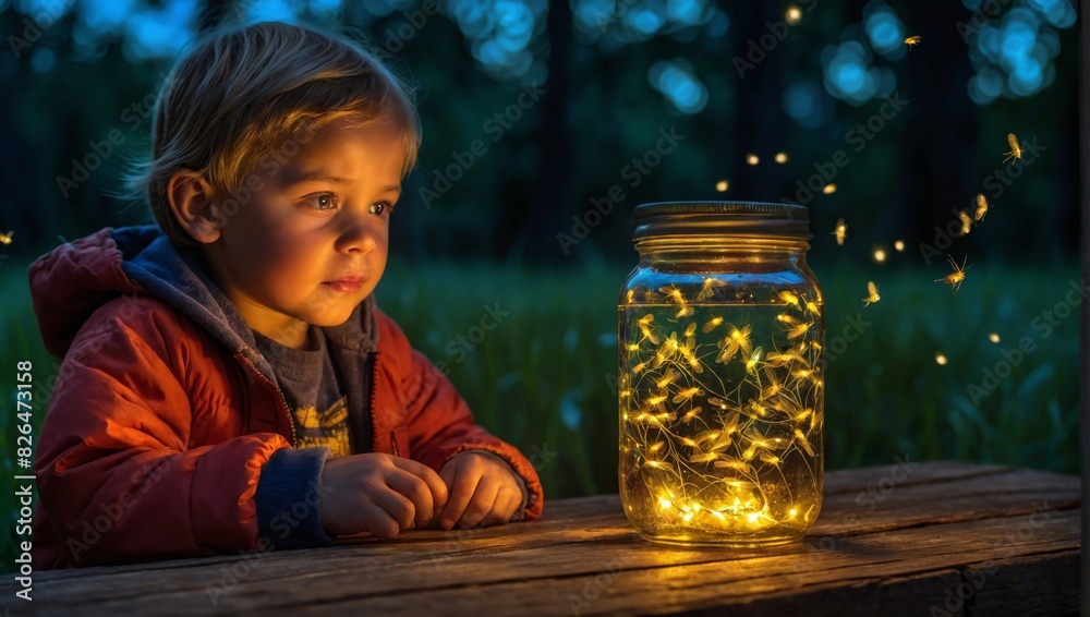 Magical Evening: Child Discovering Fireflies in a Jar Magical Evening: Child Discovering Fireflies in a Jar