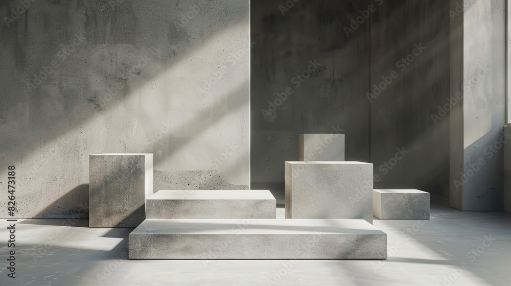 studio setting with pedestals in grey colours. Space full of sunlight studio setting with pedestals in grey colours. Space full of sunlight