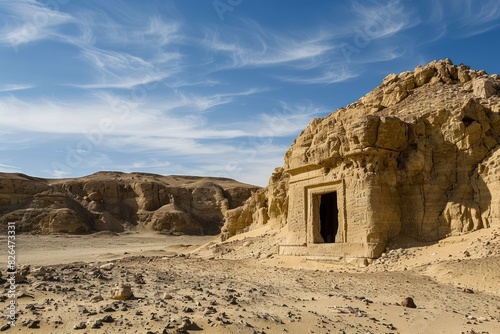 Sunlit view of a historic rockcut tomb in a vast desert landscape with wispy clouds photo