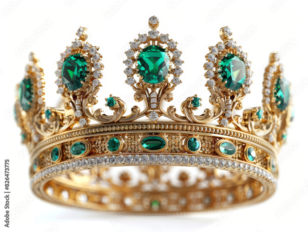 Luxurious golden crown, adorned with emerald jewels and diamonds on a neutral background Luxurious golden crown, adorned with emerald jewels and diamonds on a neutral background