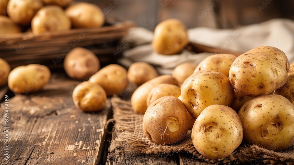 Raw potatoes displayed on a wooden surface Raw potatoes displayed on a wooden surface