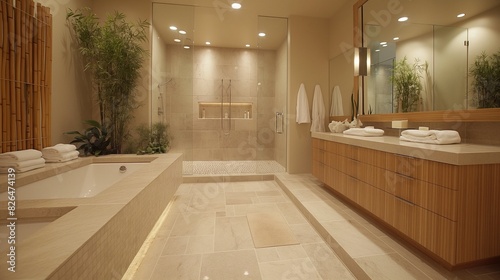 A minimalist zen bathroom with natural stone  bamboo accents  and a soothing color palette. Include a walk-in shower and simple  elegant fixtures.