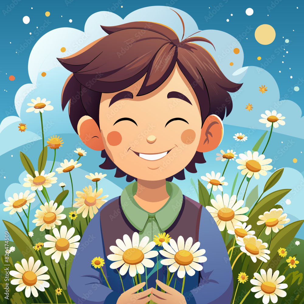 Smiling boy with closed eyes holding chamomile flowers Smiling boy with closed eyes holding chamomile flowers