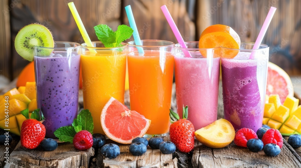 fresh juices or smoothies arranged on a wooden desk, with assorted fruits placed nearby, creating an inviting scene of health and refreshment. fresh juices or smoothies arranged on a wooden desk, with assorted fruits placed nearby, creating an inviting scene of health and refreshment.