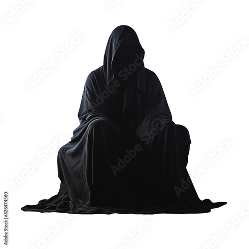 Hooded figure in dark cloak sitting in shadow transparent background