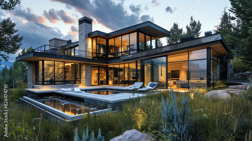 A modern house with large glass windows and a swimming pool in the backyard.