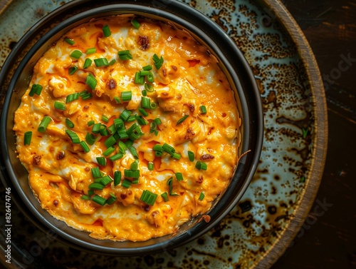Top-down photograph of a plate of buffalo chicken dip recipe 1