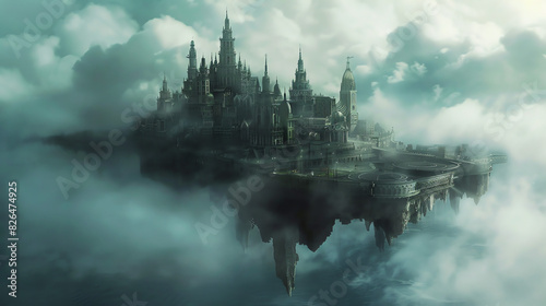 A fantasy floating island with a city built on it. The island is surrounded by clouds and there is a large body of water below it.