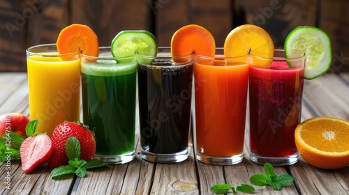 fresh juices or smoothies arranged on a wooden desk  with assorted fruits placed nearby  creating an inviting scene of health and refreshment.