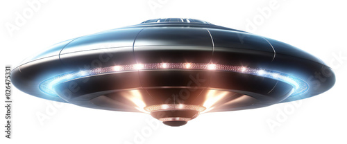 Futuristic flying saucer with neon lights transparent background