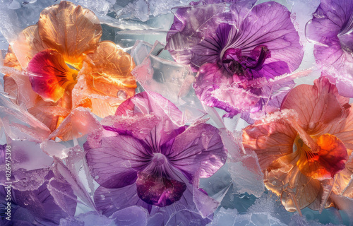 Fondo abstracto de flores de cristal congeladas con escarcha rodeadas de hielo, en tonos morados y naranjas photo