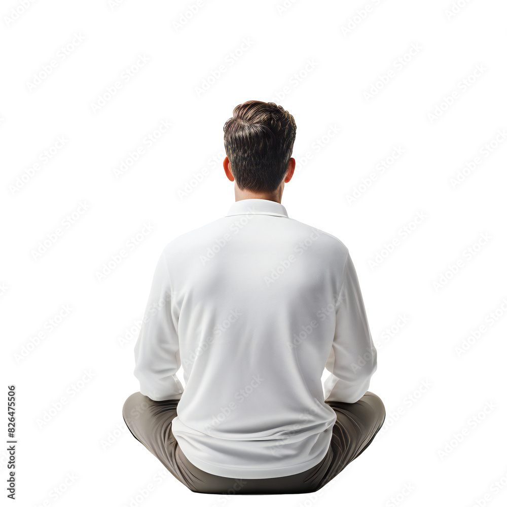 Man sitting cross-legged in white shirt facing backward transparent background Man sitting cross-legged in white shirt facing backward transparent background