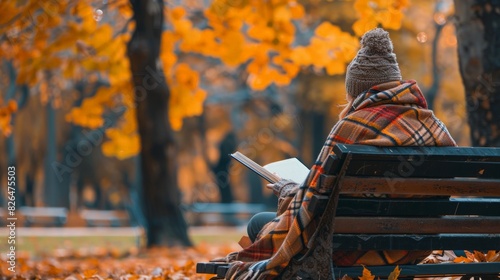 Autumn Leaves and Cozy Vibes: Capture a serene autumn scene with colorful falling leaves, a person wrapped in a cozy blanket reading a book on a park bench, emphasizing tranquility and the beauty of f