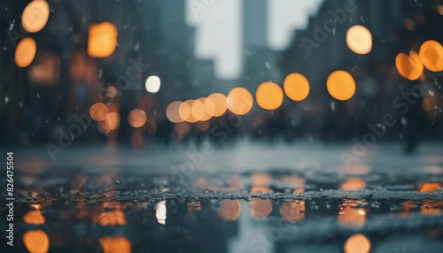 rain on the street and city lights bokeh, ai