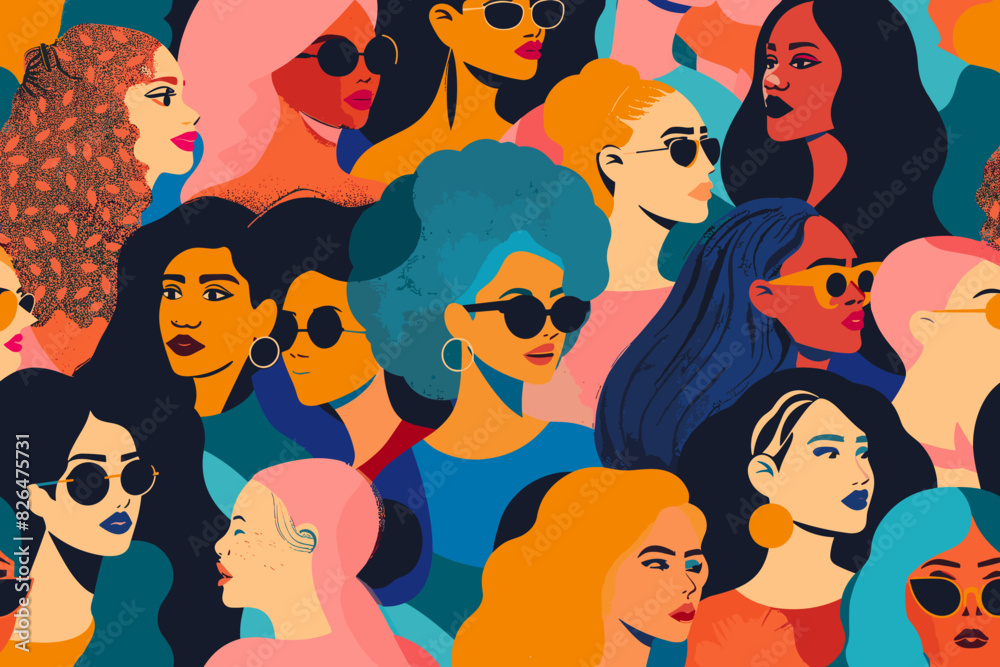 Women's Day Illustration: Diverse Females Standing Together in Sisterhood