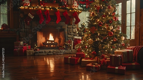 Christmas Morning: Depict a joyful Christmas morning with a family opening presents under a decorated tree, cozy fireplace, and festive decorations, highlighting happiness and holiday traditions.