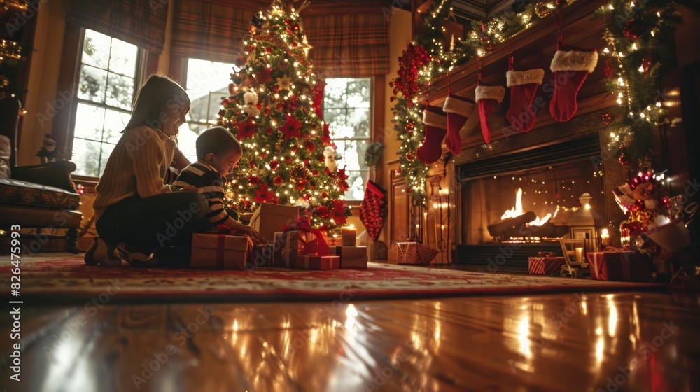 Christmas Morning: Depict a joyful Christmas morning with a family opening presents under a decorated tree, cozy fireplace, and festive decorations, highlighting happiness and holiday traditions.