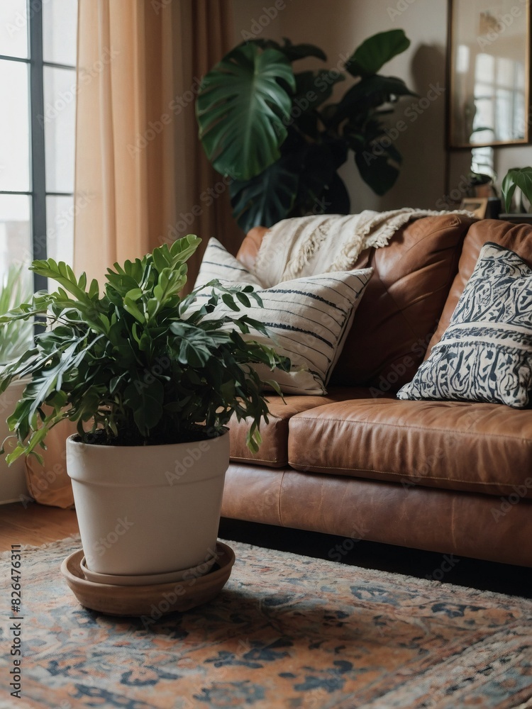 Home Oasis, Potted Plant Positioned Next to a Sofa Decked with Pillows