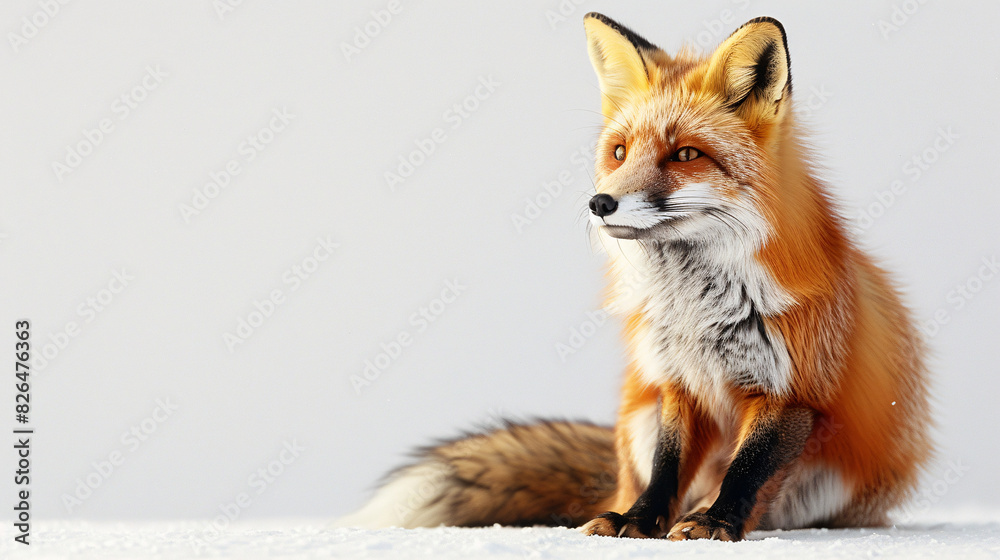 Fototapeta premium Adorable fox with a bushy tail on a white background