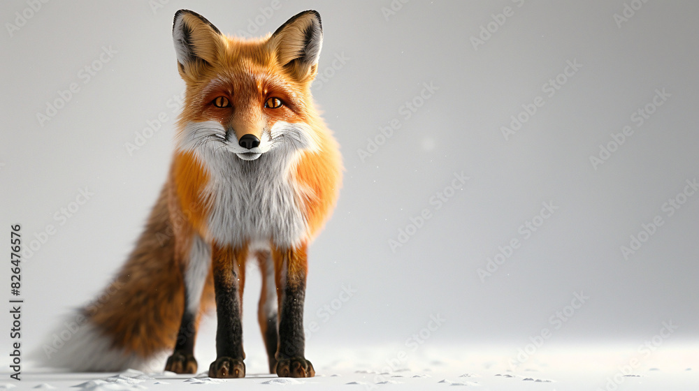 Fototapeta premium Adorable fox with a bushy tail on a white background
