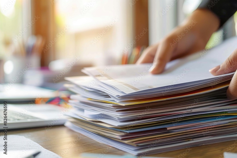 Brochures. Businessman Overworking with Stacks of Paper Files in Office Desk Brochures. Businessman Overworking with Stacks of Paper Files in Office Desk