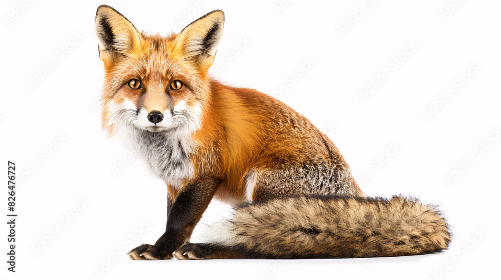 Obraz premium Adorable fox with a bushy tail on a white background