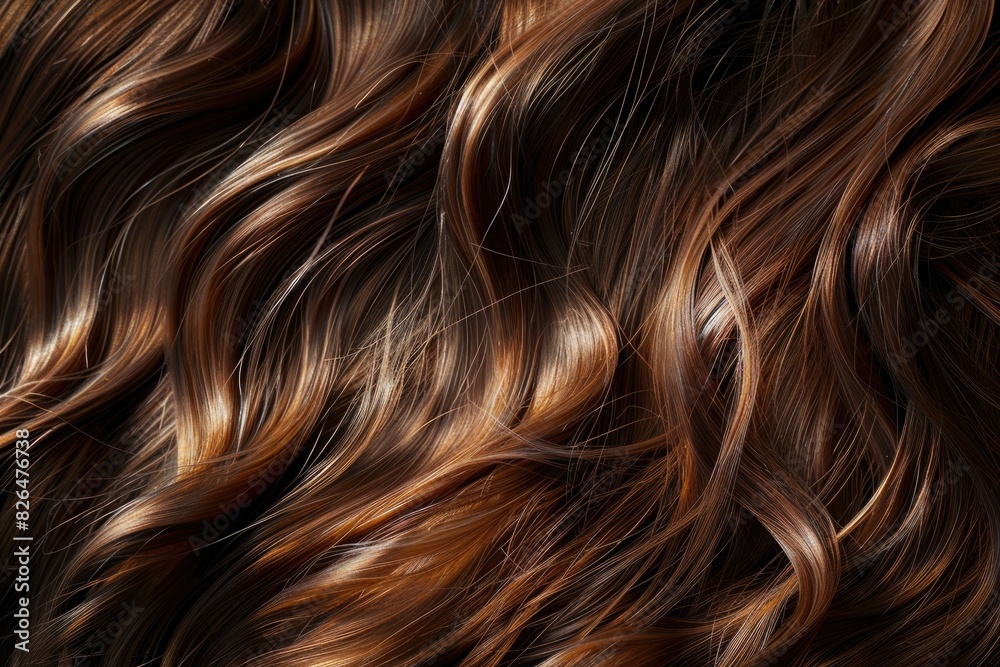 Naklejka premium Brown Hair Texture Closeup. Beautiful Shiny Caramel Close-Up View of Silky and Wavy Curl Hair