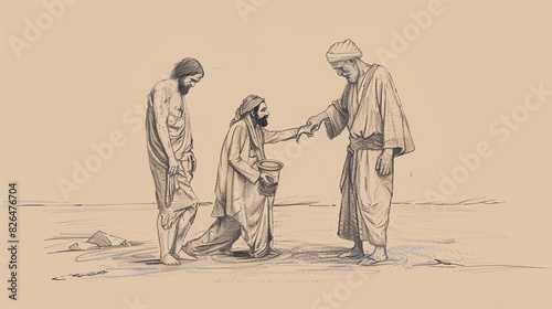 Biblical Illustration of Naaman Healed of Leprosy in Jordan River, Elisha’s Command, Beige Background, Copyspace