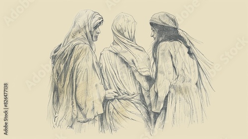 Story of Lazarus Raised from Dead, Martha and Mary Witnessing Brother’s Return, Biblical Illustration, Beige Background, Copyspace