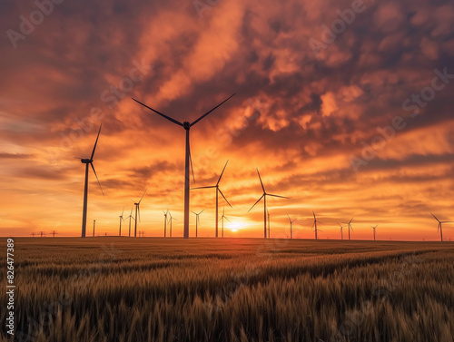 Stunning wind farm at sunset with vibrant orange and red skies capturing the beauty of renewable energy and sustainable technology in a golden wheat field  perfect for eco-friendly projects.