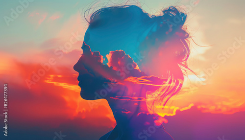Double exposure silhouette of a woman's profile with a colorful sunset sky blending artfully into the background.