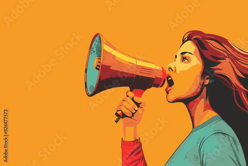 Young Woman Speaks into Megaphone, Calling for Action as a Strong Female Agitator photo