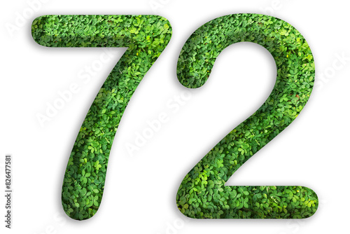 3d of the number of 72 is made from green grass on white background, go green concept
