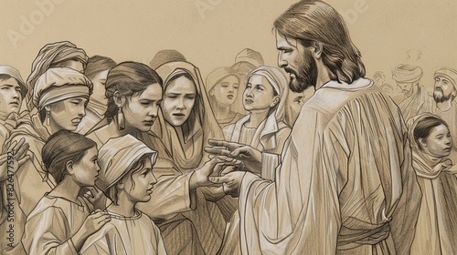 Biblical Illustration of Woman with Issue of Blood Touching Jesus Garment, Crowd Around, Jesus Turns, Beige Background, Copyspace